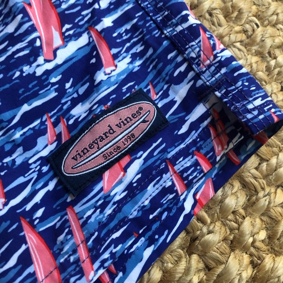 Vineyard Vines Blue and Red Sailboat Swim Trunks - Picture 1 of 14